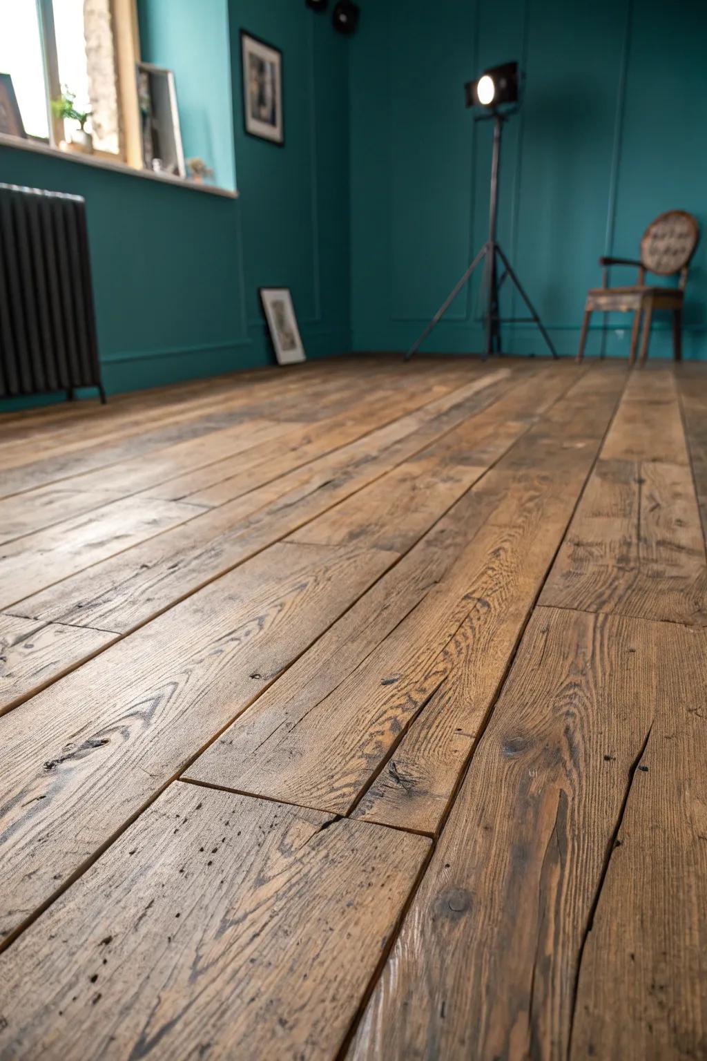 Distressed rustic wood floors: a beautiful, forgiving finish that hides everyday scuffs with ease.