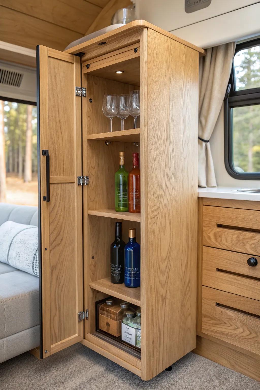 Slim RV pantry bar cabinet with adjustable shelves—beautiful storage for bottles and glassware.