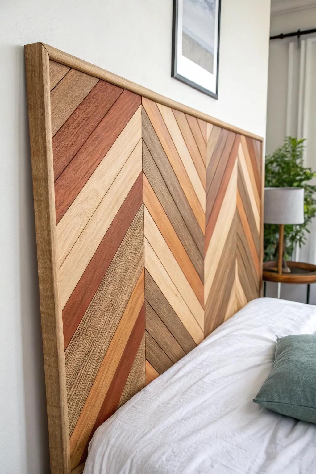 High-end RV upgrade: a chevron wood headboard that adds warm texture and modern contrast.