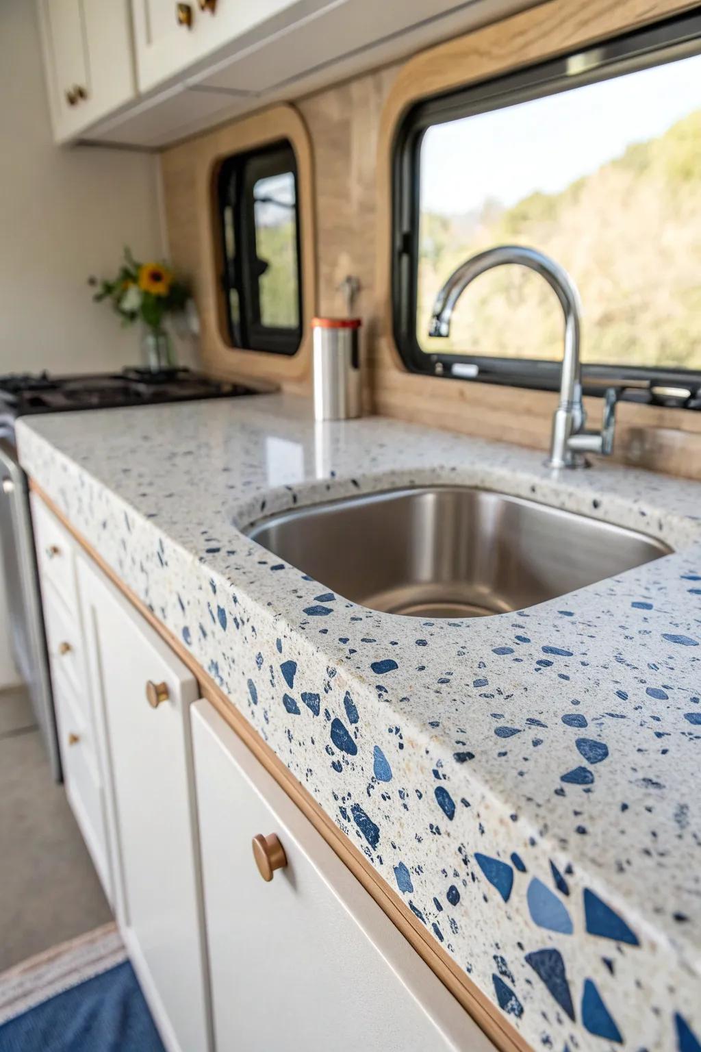 Peel-and-stick wrap gives your RV countertop a crisp, modern makeover—fast, smooth, and chic.