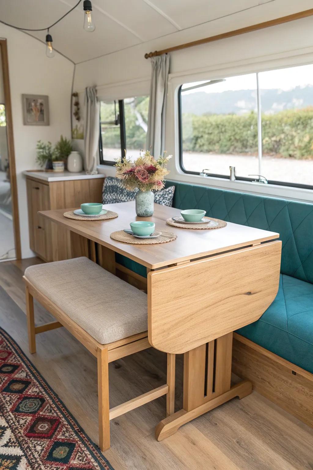 Drop-leaf RV dining table: folds small for travel, opens wide for cozy game nights.