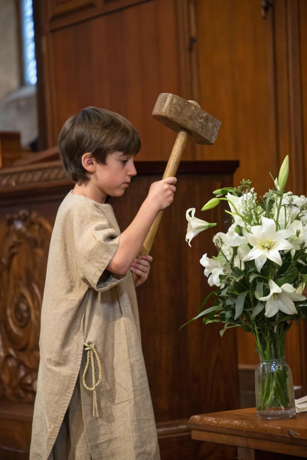 Craftsmanship and purity: Transform your child into Saint Joseph with simple, striking details.