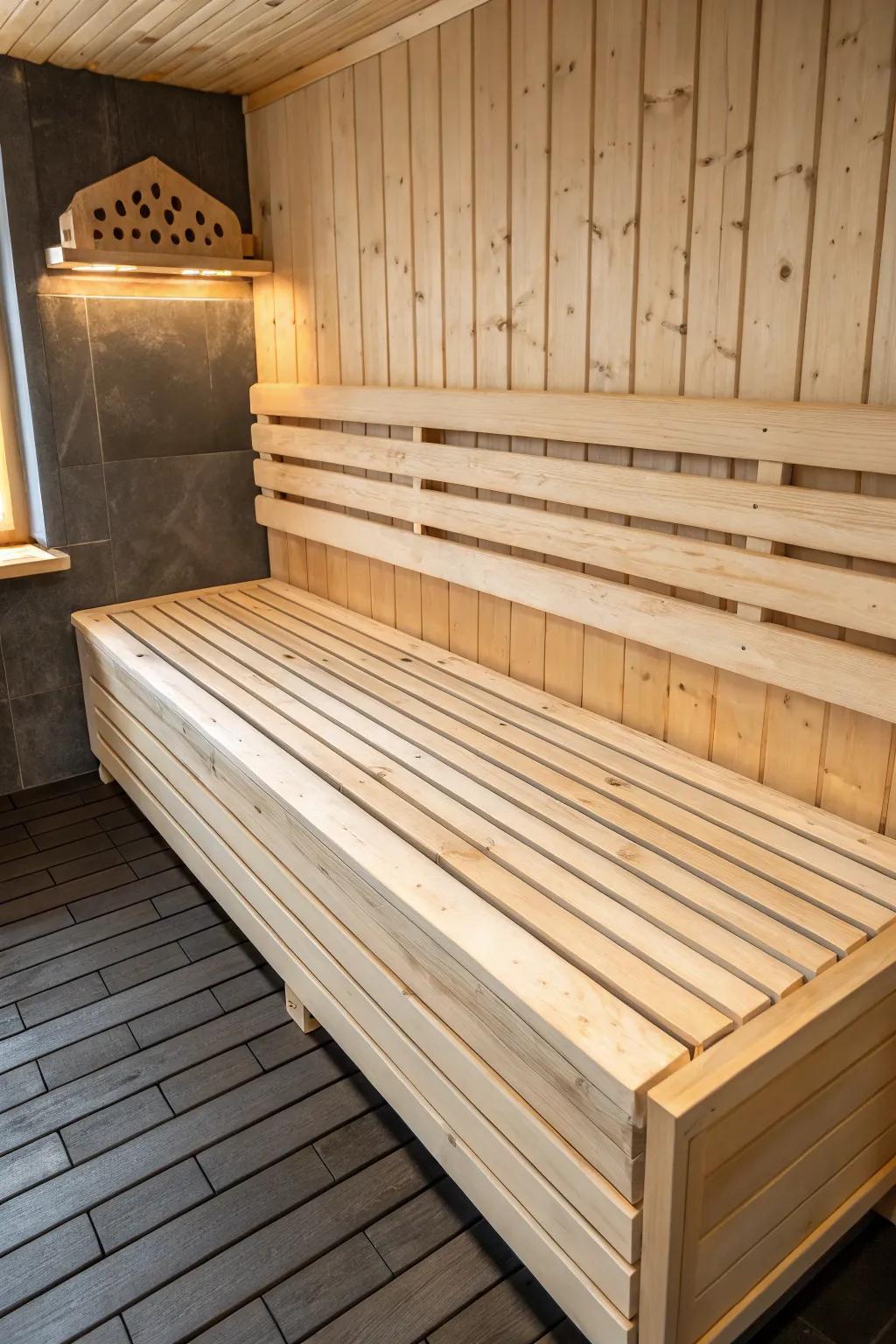 Horizontal slat paneling makes a small sauna feel longer—clean lines, warm wood, calm glow.