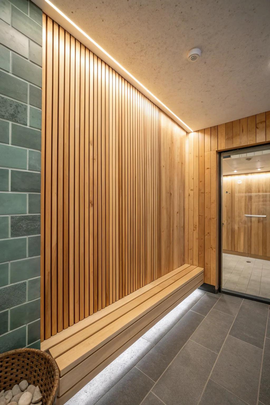 Cool tile, warm cedar slats—this sauna-shower combo nails modern rustic contrast in one sleek space.