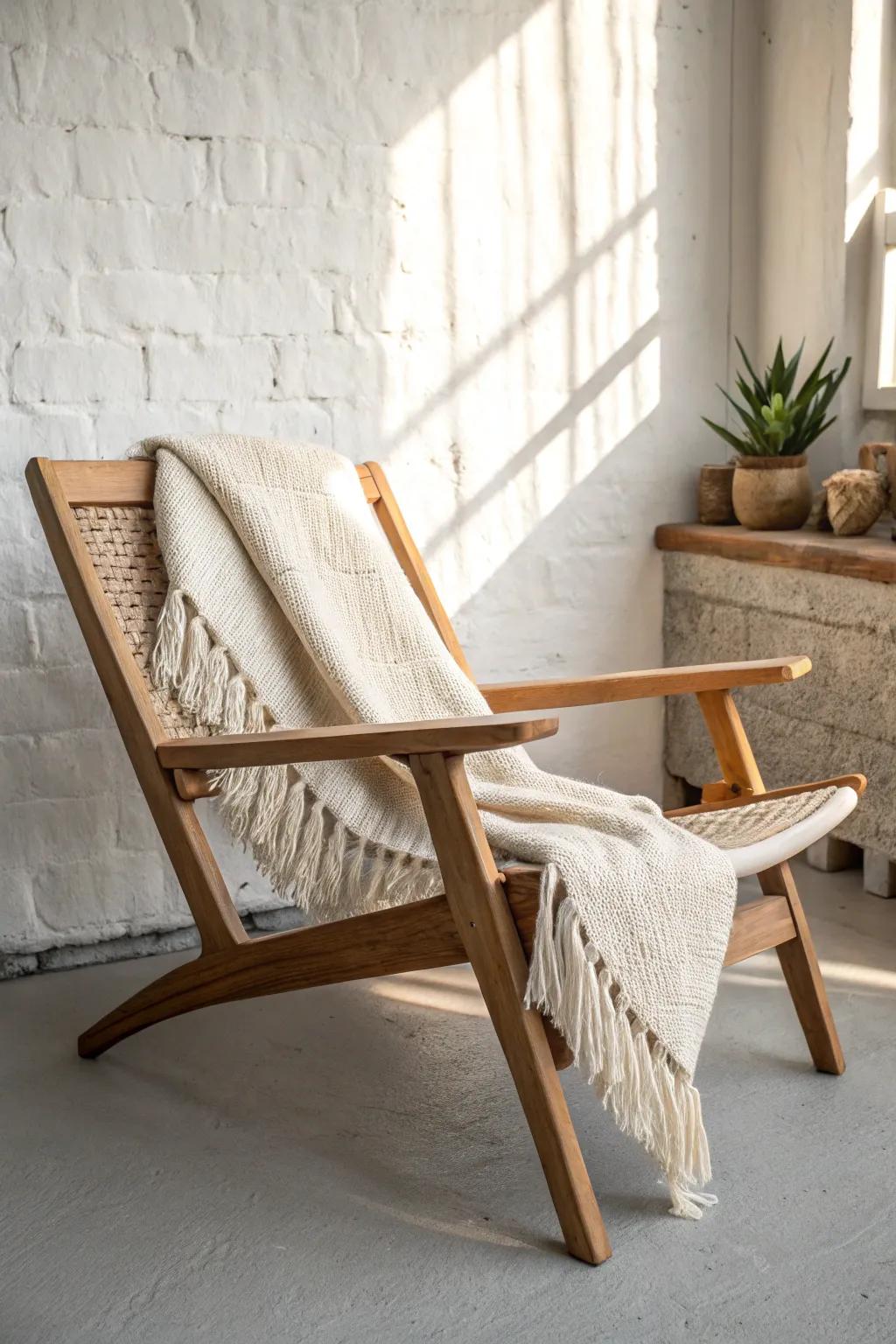 Cozy Scandi layers: oak craftsmanship + linen and wool texture, minimal color, maximum warmth.