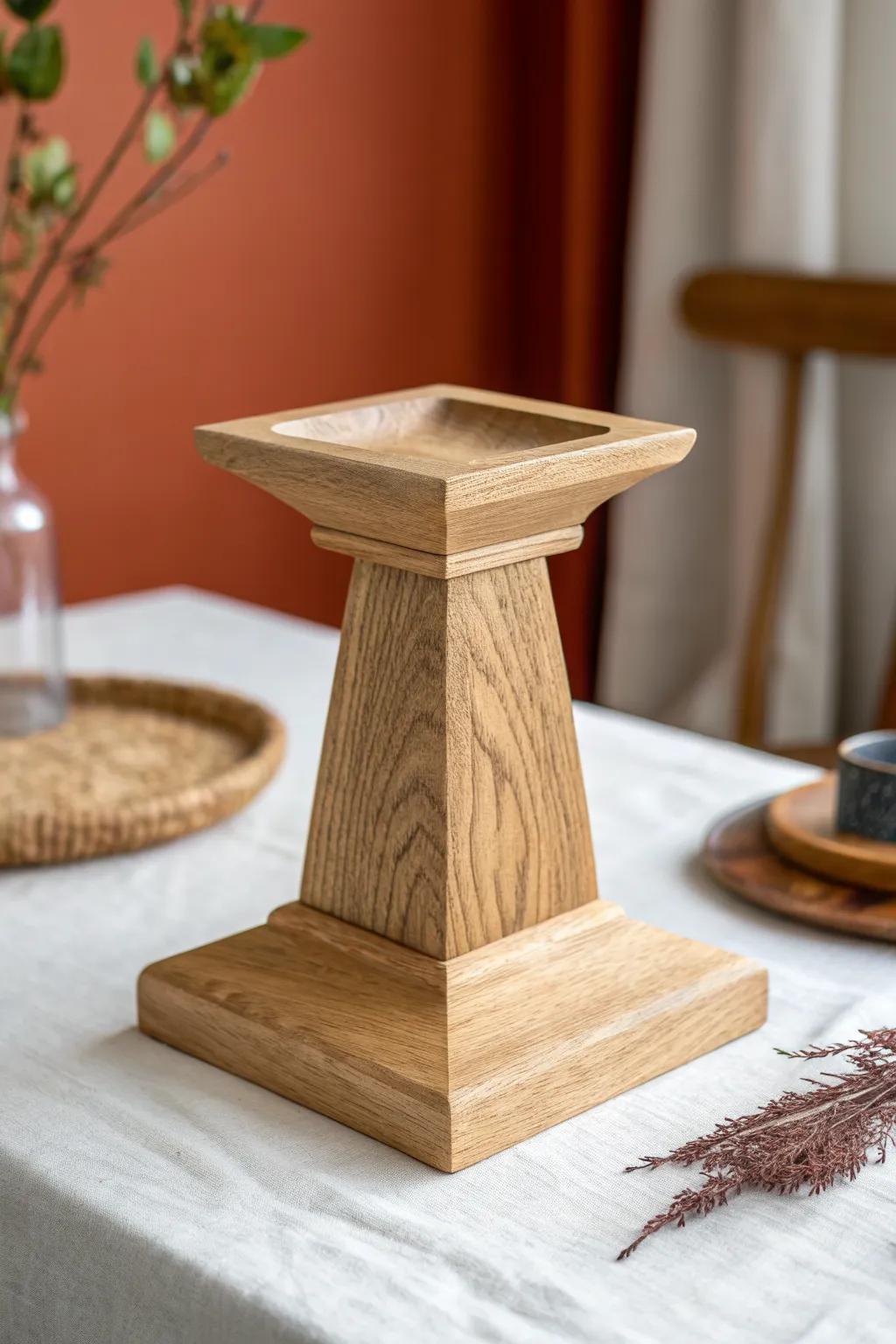 Square wood base with a clean routed chamfer—simple lines, lighter look, pro finish.