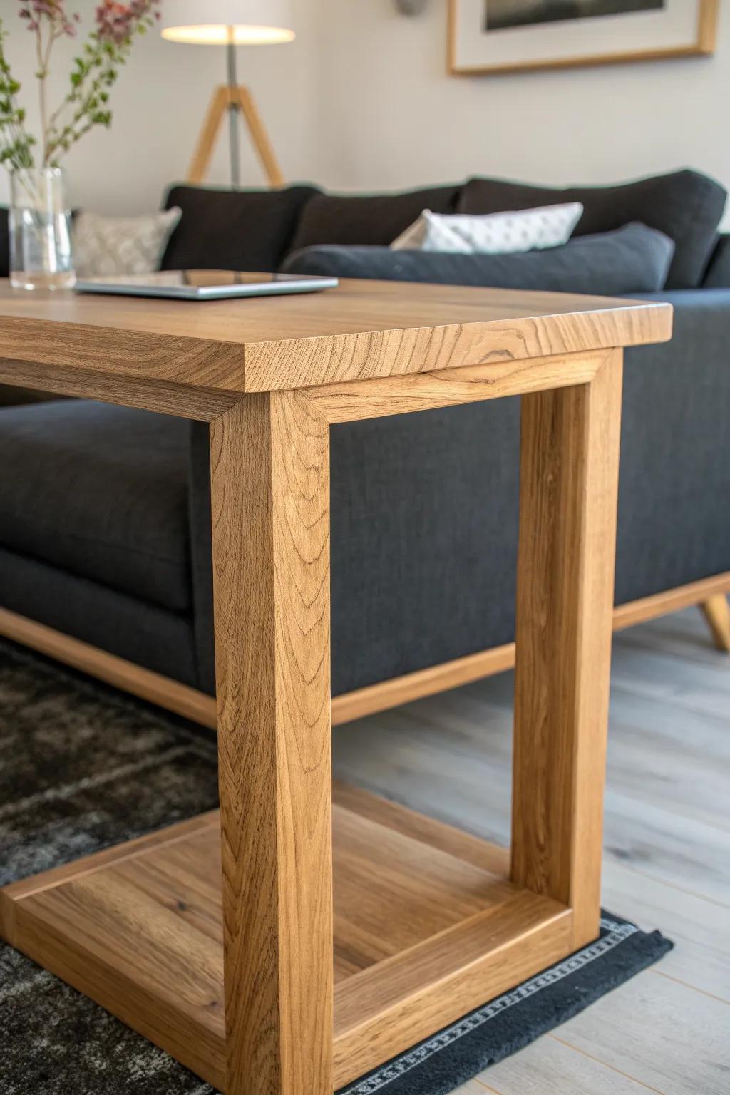 Slim hardwood C-table tucks under your sectional—space-saving style for snacks and laptops.