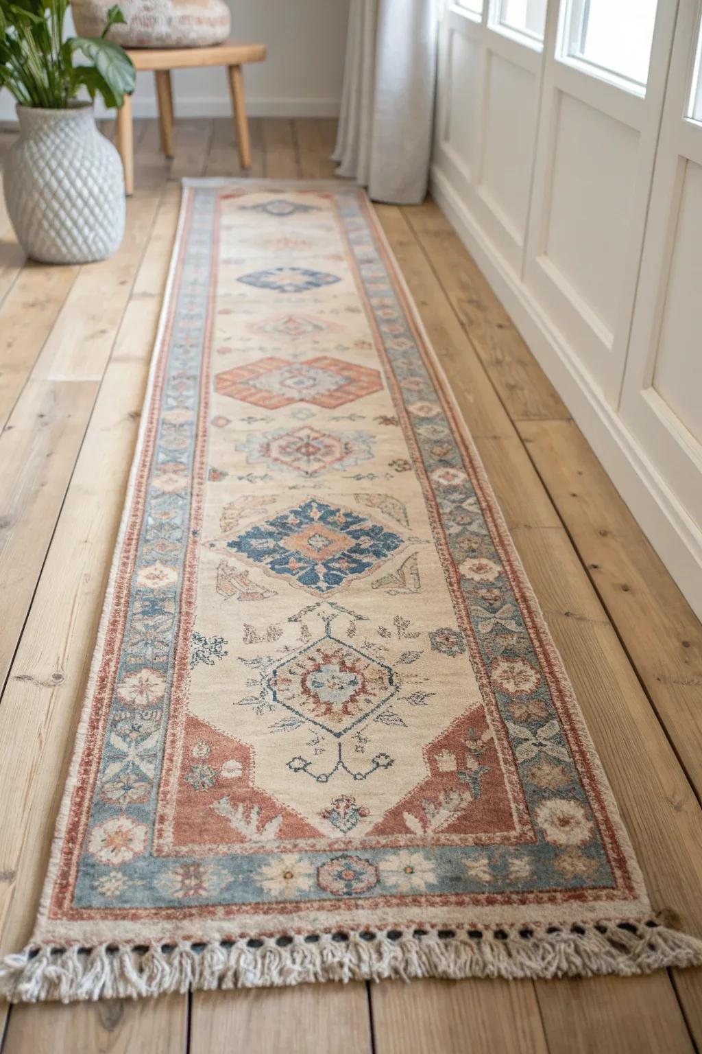 A faded floral runner on pale oak floors adds soft shabby-chic charm and hides daily dirt.