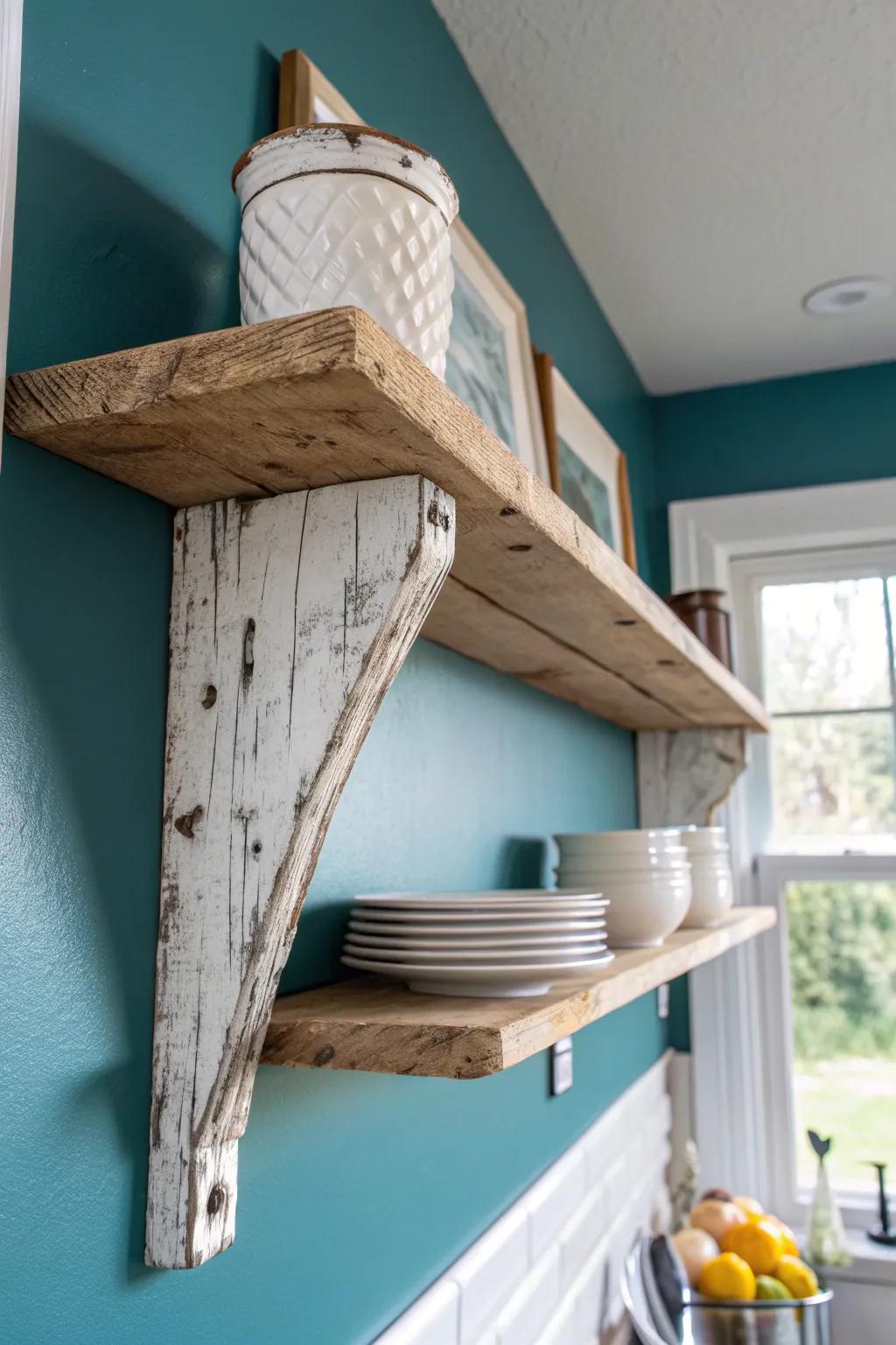 Reclaimed open shelf + chunky corbel—aged wood texture that makes shabby chic feel authentic.