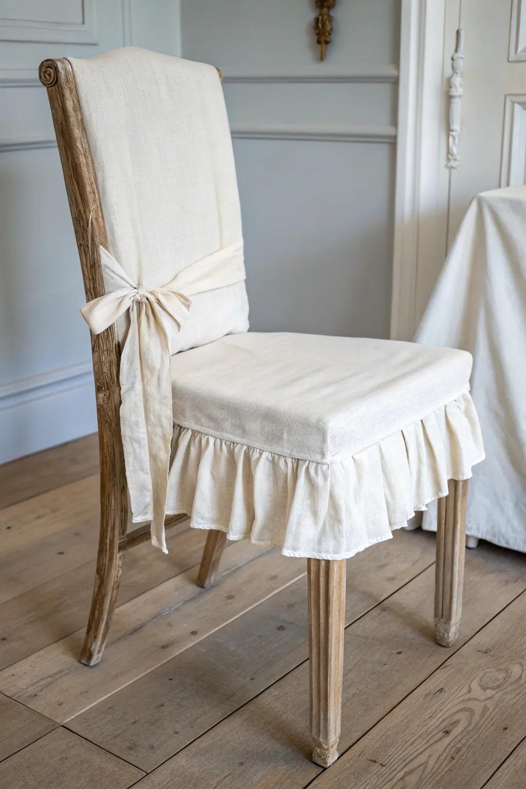 Slipcovered linen desk chair: soft, washable shabby chic comfort with handcrafted wood details.