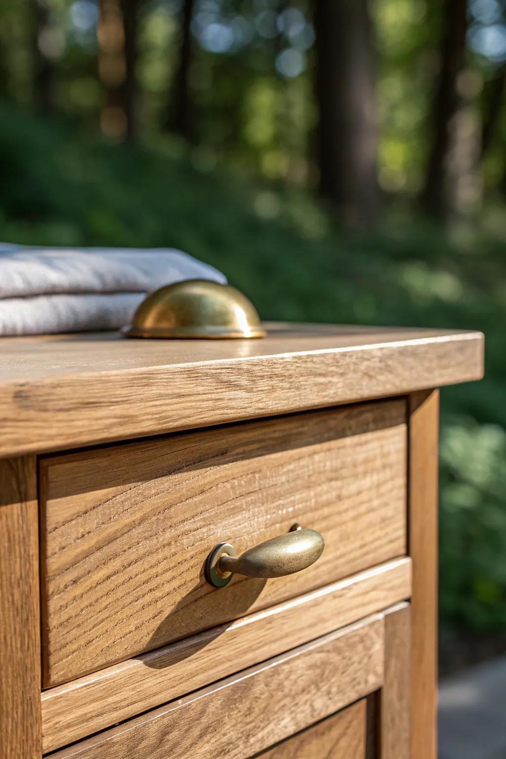 Brushed brass cup pull on oak Shaker drawer—an easy farmhouse upgrade with bold contrast.