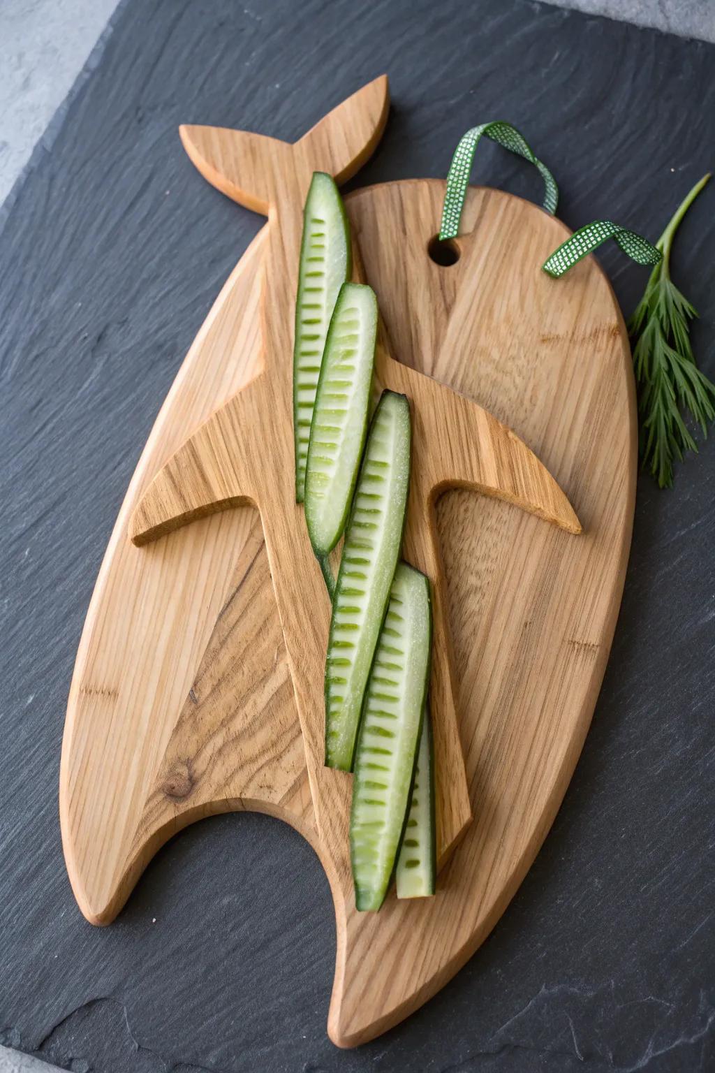 Notched cucumber “seaweed” lines add height and drama to a handcrafted shark charcuterie board.