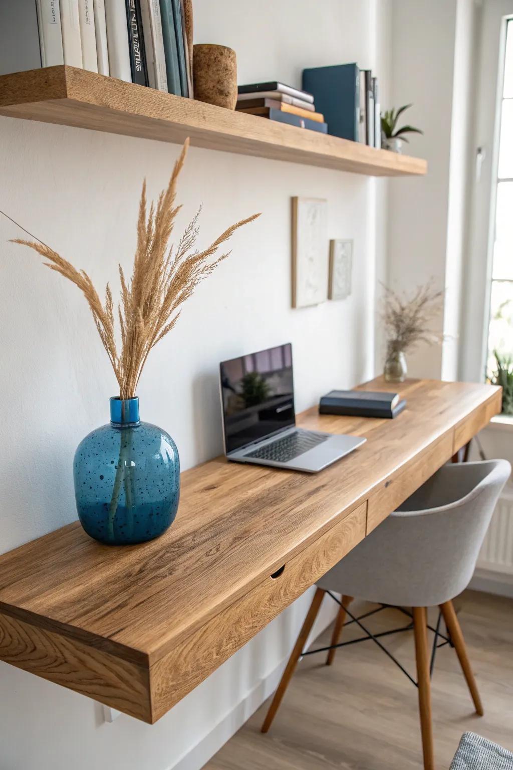 Wall-to-wall oak shelf above the desk for an easy built-in look with a bold boho accent.