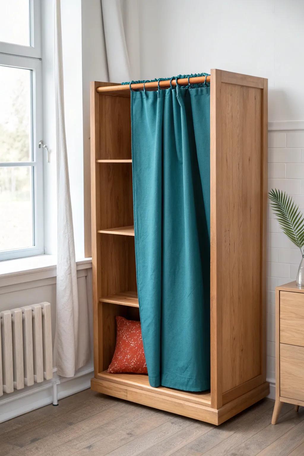 No-drill shelf cover: a tension rod and linen curtain for a clean, removable finish.