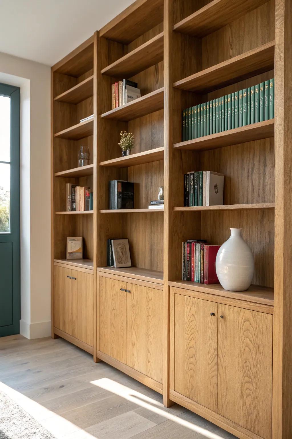 Floor-to-ceiling oak shelving turns one blank wall into a curated, adjustable library feature.