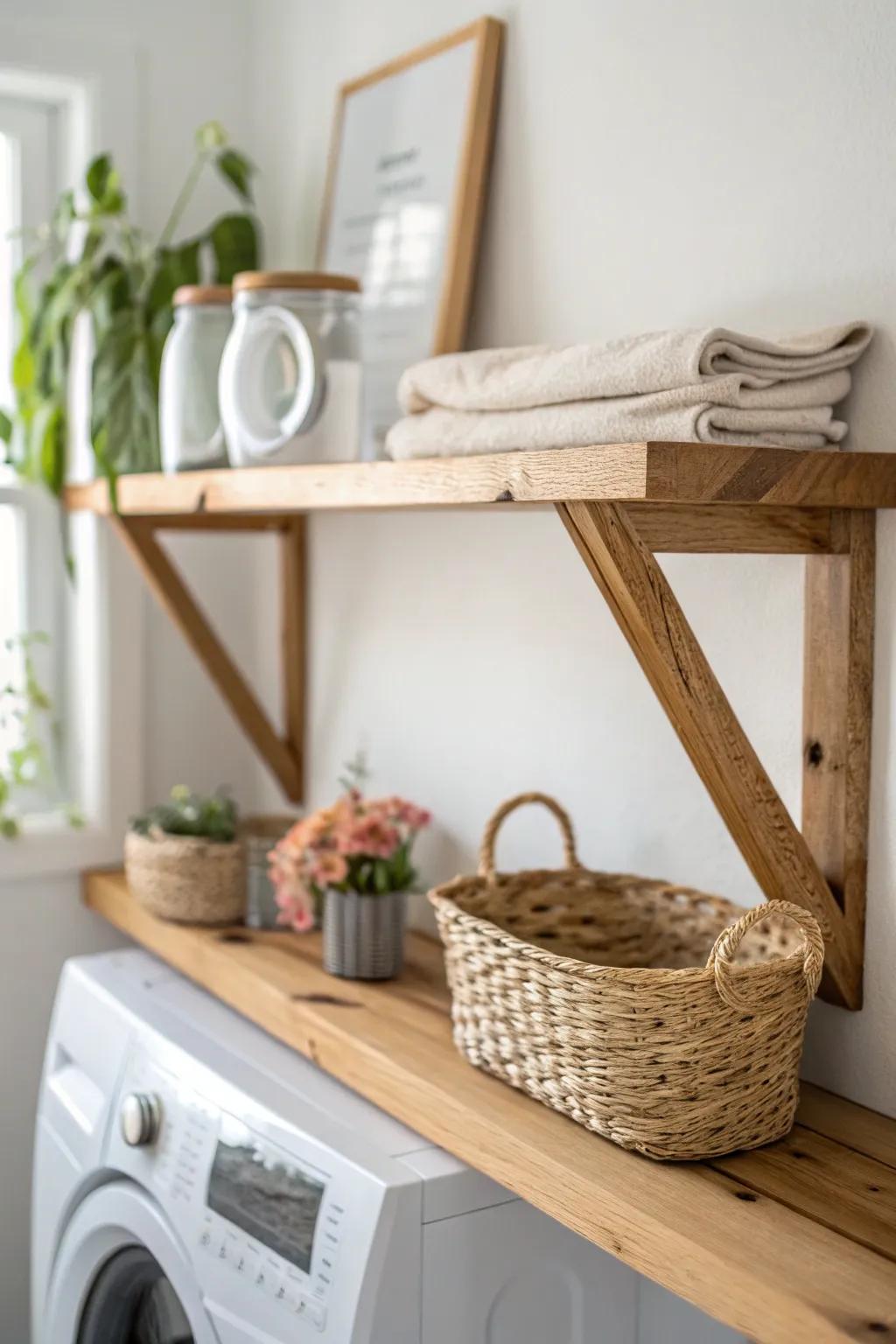 Simple triangle wood brackets make this washer-dryer shelf sturdy, warm, and farmhouse-clean.