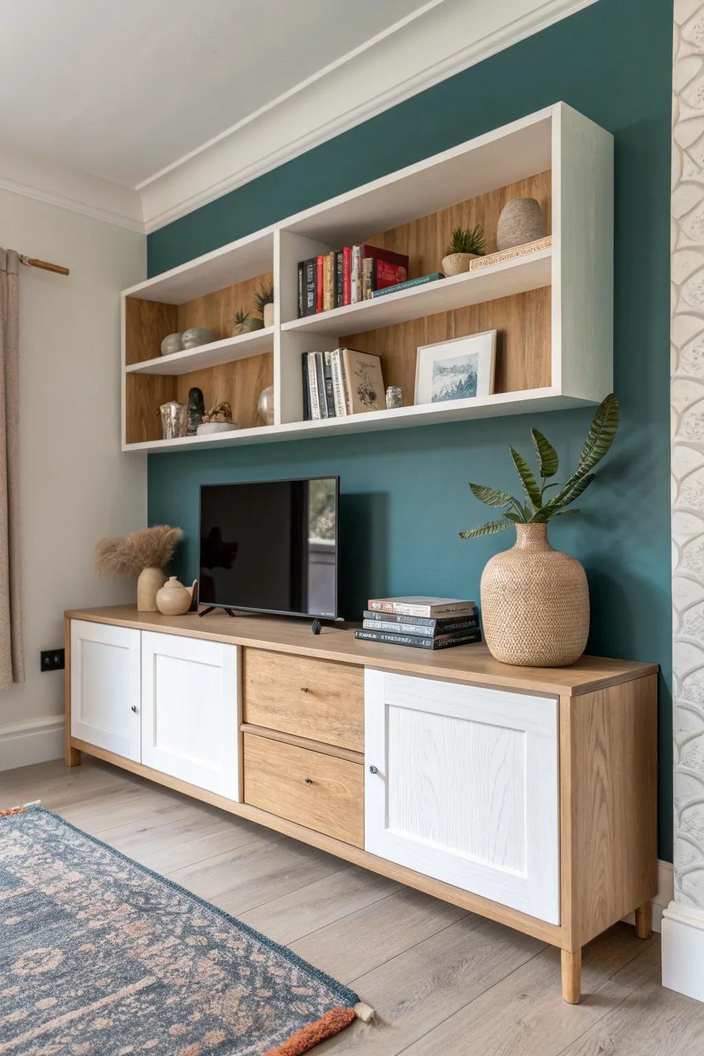 Open shelves for decor, closed cabinets for clutter—clean Scandinavian TV-wall storage done right.