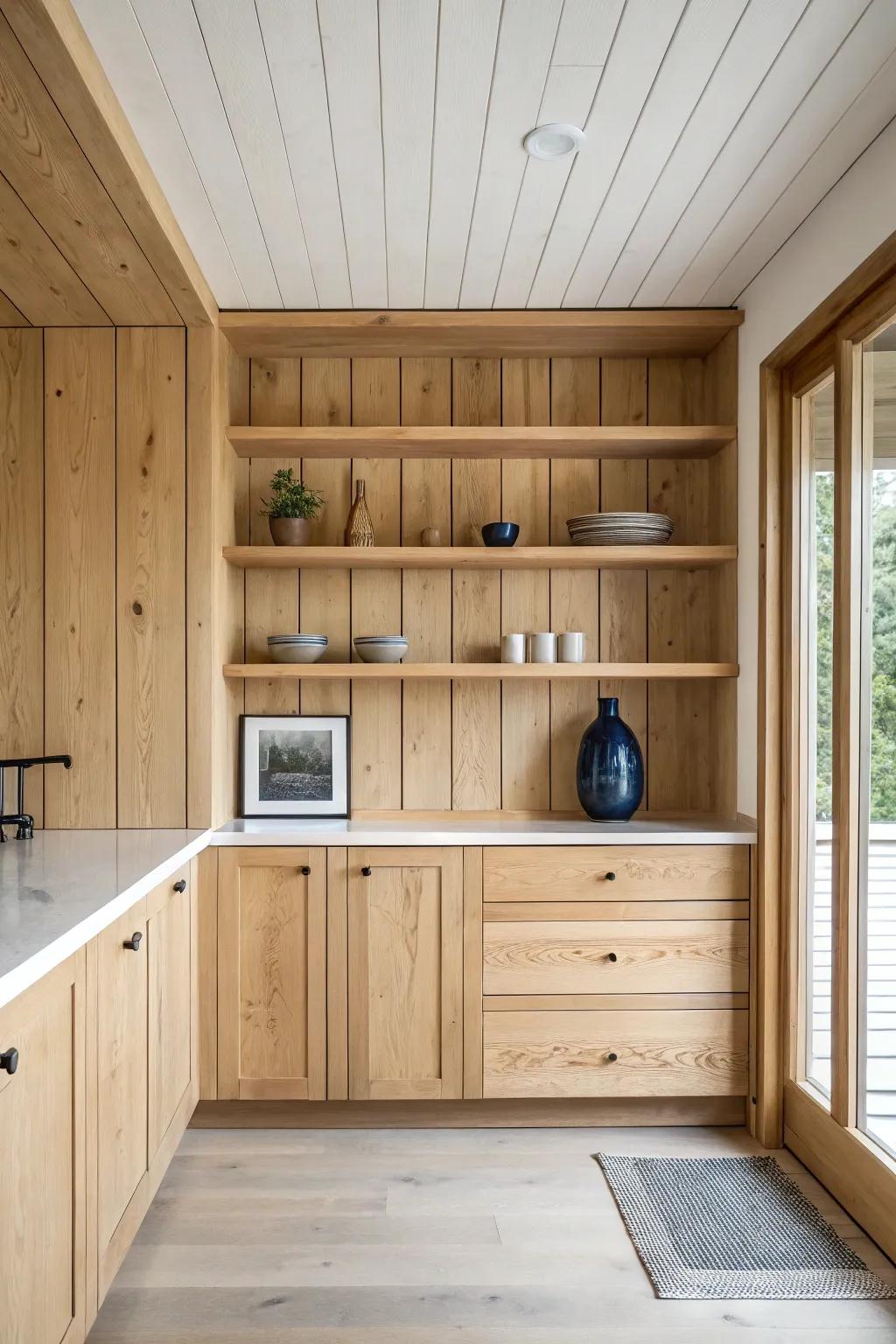 Full-wall shiplap to the ceiling + matching wood open shelves for a calm, crafted focal wall.