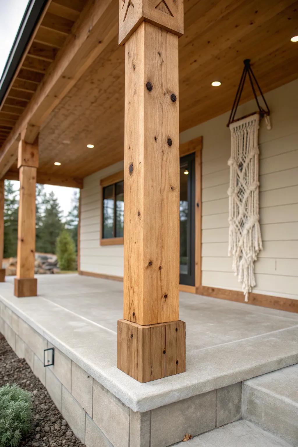 Chunky timber porch post warmth—minimal, sturdy, and made for muddy boots & deliveries.