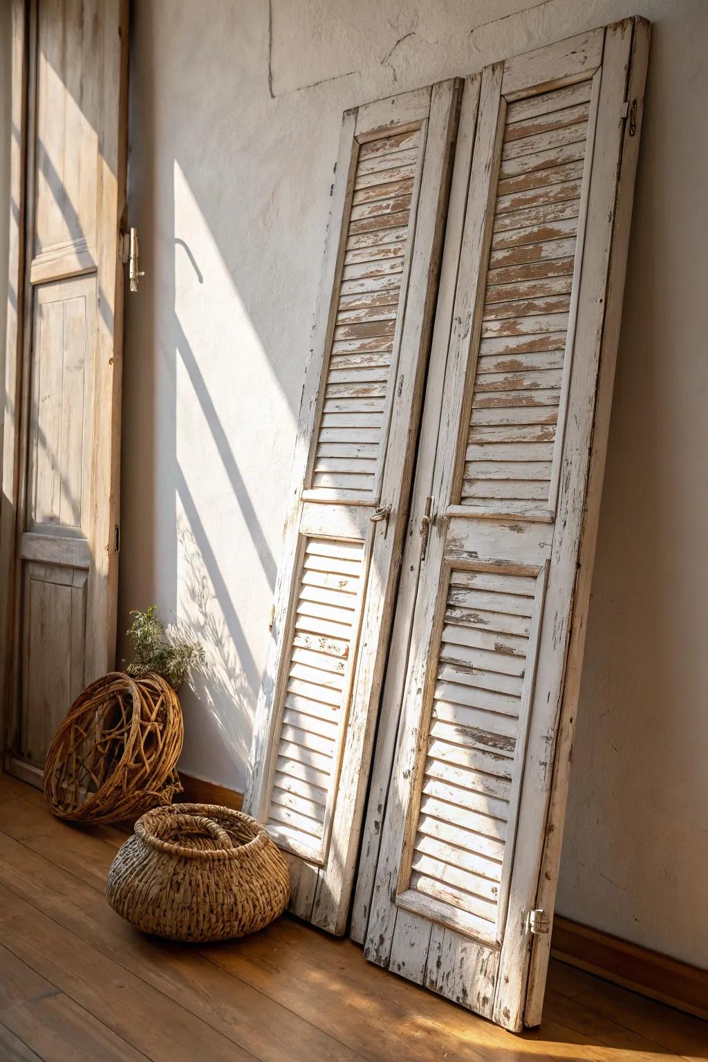 Distressed white shutters with chippy edges—farmhouse texture that feels storied, not perfect.