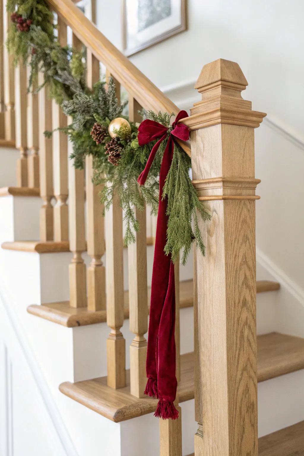 Tie mini greenery swags on every third spindle for an easy, garland-sparing banister look.