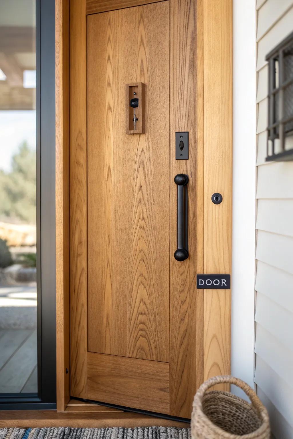 Matte black hardware turns a single wood front door into a crisp, high-contrast statement.