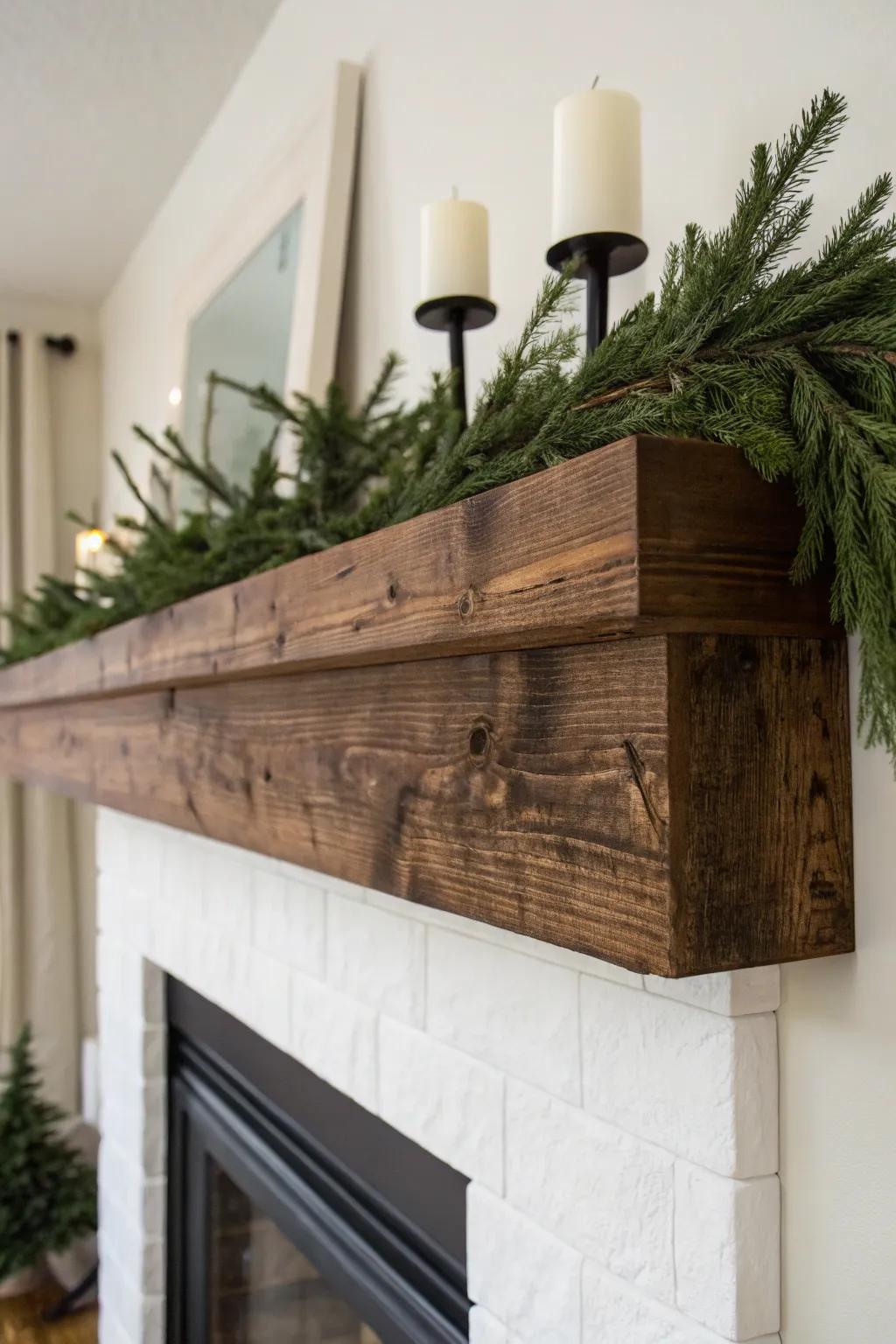 A thick timber mantel with evergreen garland brings instant ski-lodge warmth—minimal and chic.