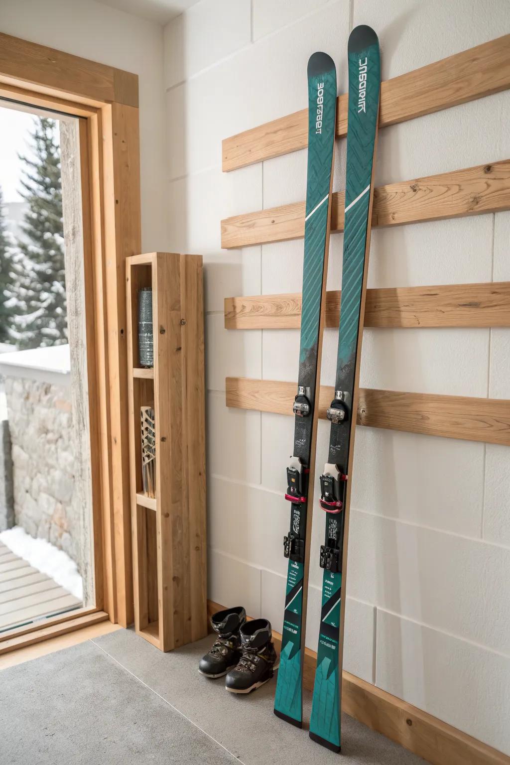 Clean vertical ski & pole rack in pale oak—keeps wet bases off the floor, looks tidy.