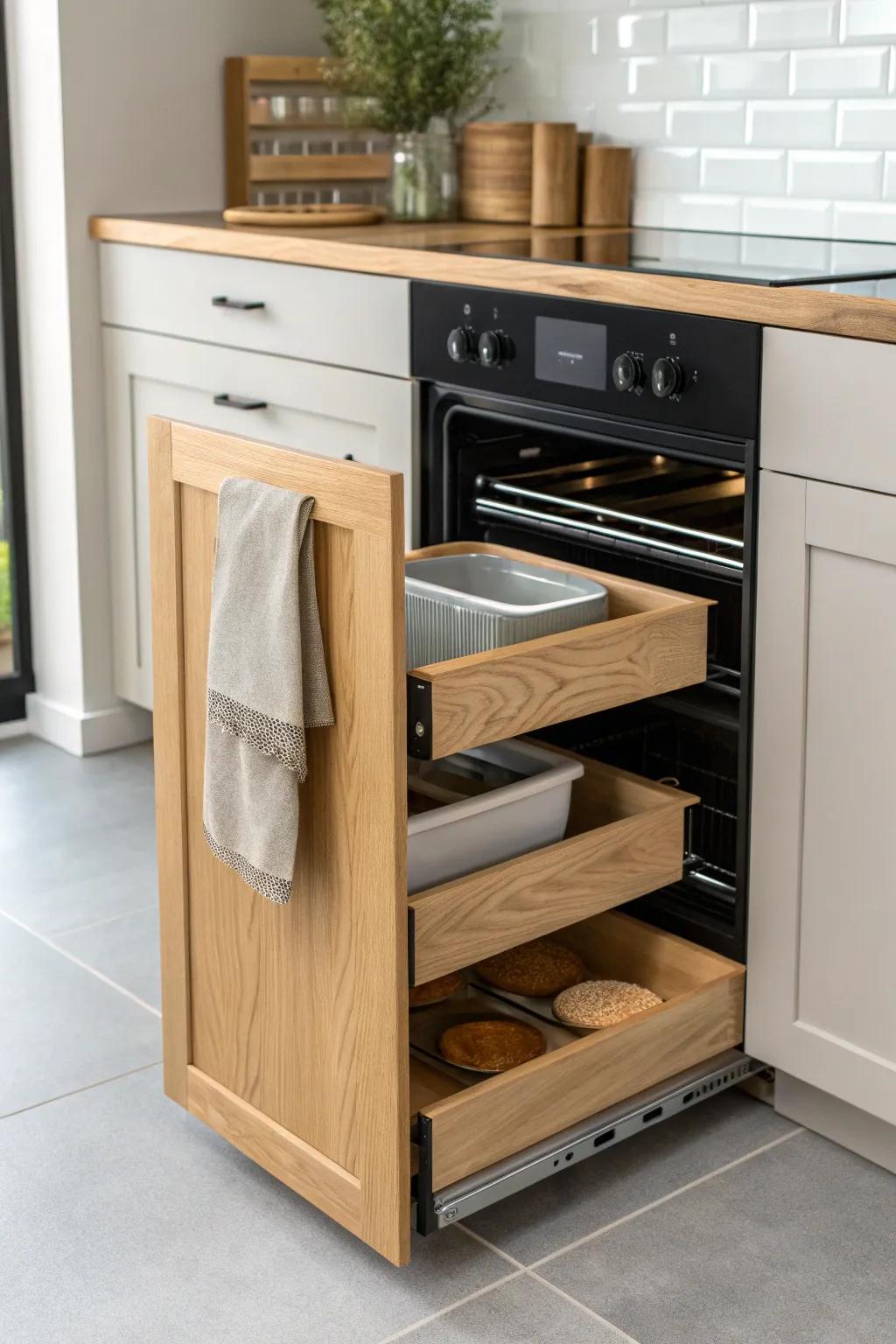 A slim pull-out tray divider by the oven keeps roasting pans tidy and easy to grab.