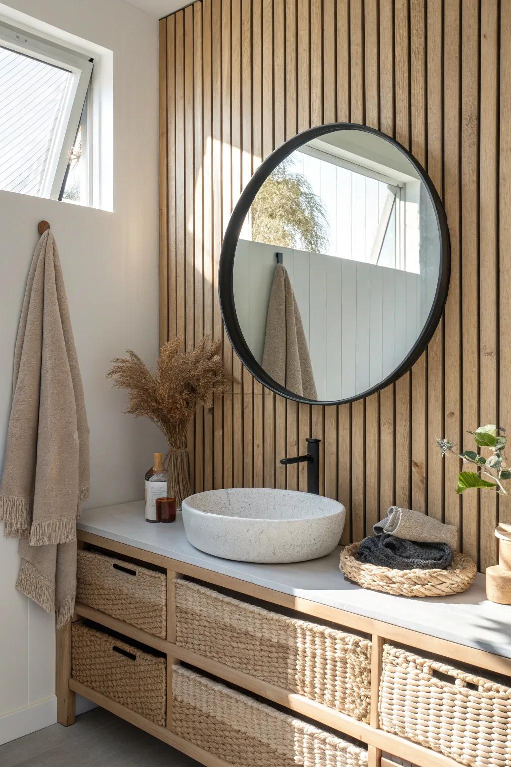 Round mirror + oak slat wall: clean Scandinavian lines softened with warm, balanced curves.