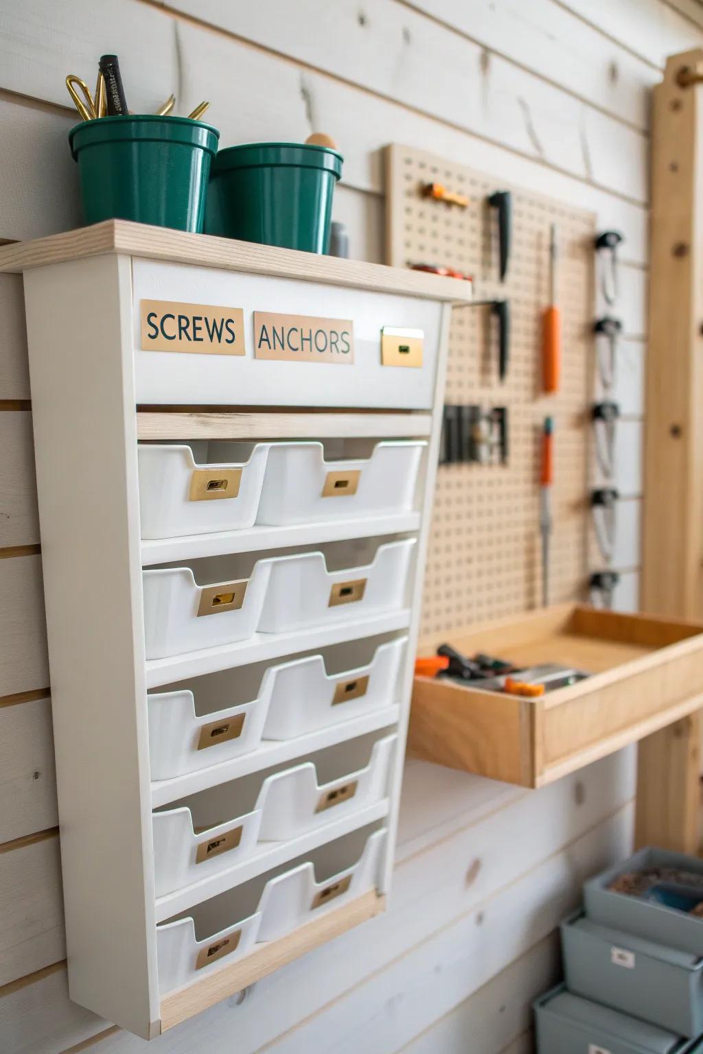 Tilt-out bins on a slat wall keep every screw sorted—labeled, pretty, and always within reach.