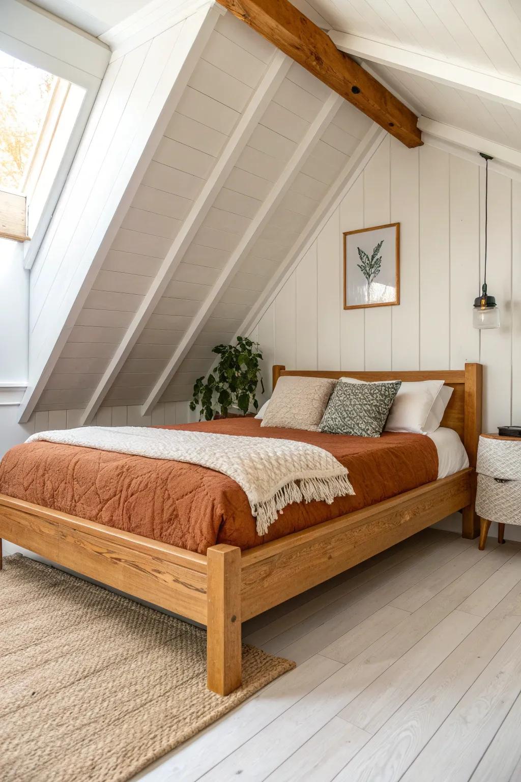 A-frame under-eaves sleeping loft—custom-cut wood platform, smooth edges, cozy boho linens.
