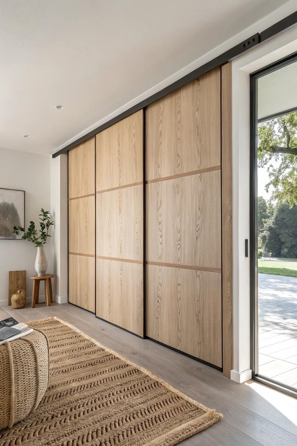 Multi-panel sliding wall in pale oak—big opening, stacked neatly to one side for a clean look.