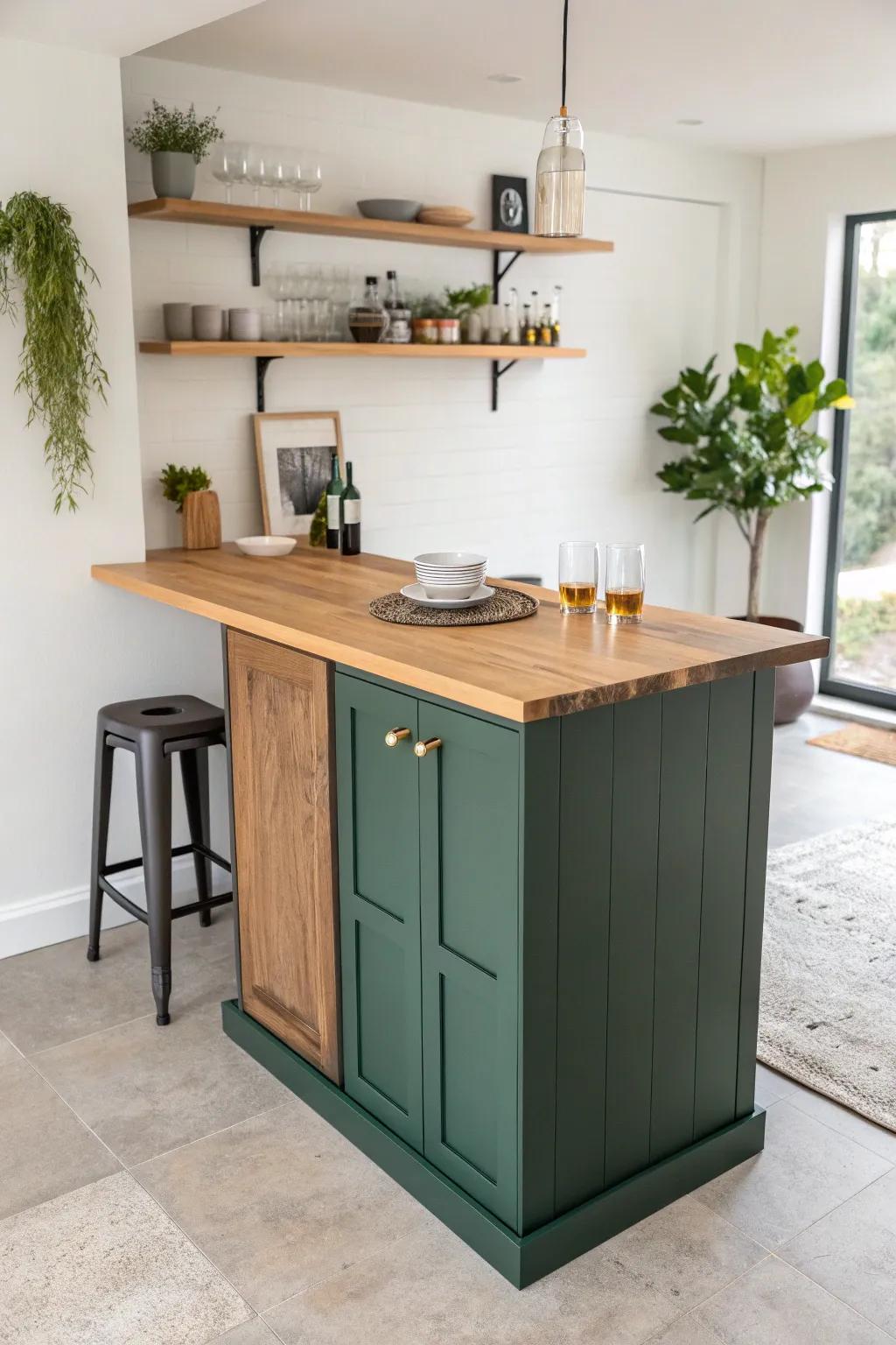 A compact kitchen peninsula mini bar with a showstopping wood top—simple base, big style.