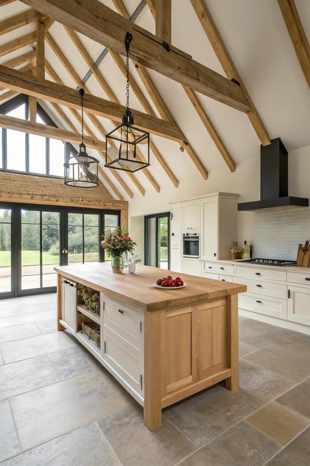 A double-height barn kitchen feels bigger with a bold, handcrafted island as the anchor.