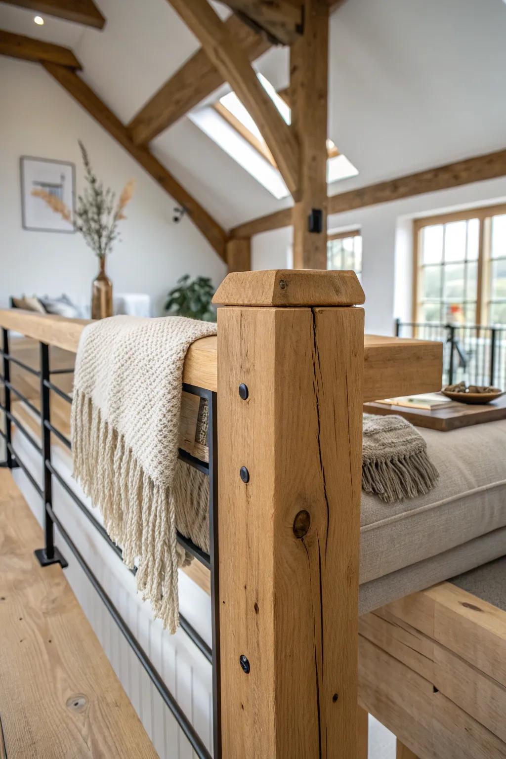 Chunky timber loft rail keeps a small barndominium airy—crafty, warm, and secure.