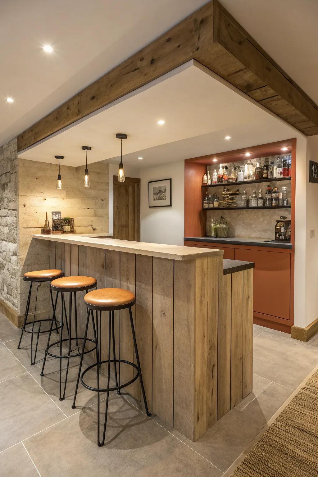 Slim reclaimed-wood peninsula with two stools—cozy craft detail without crowding.