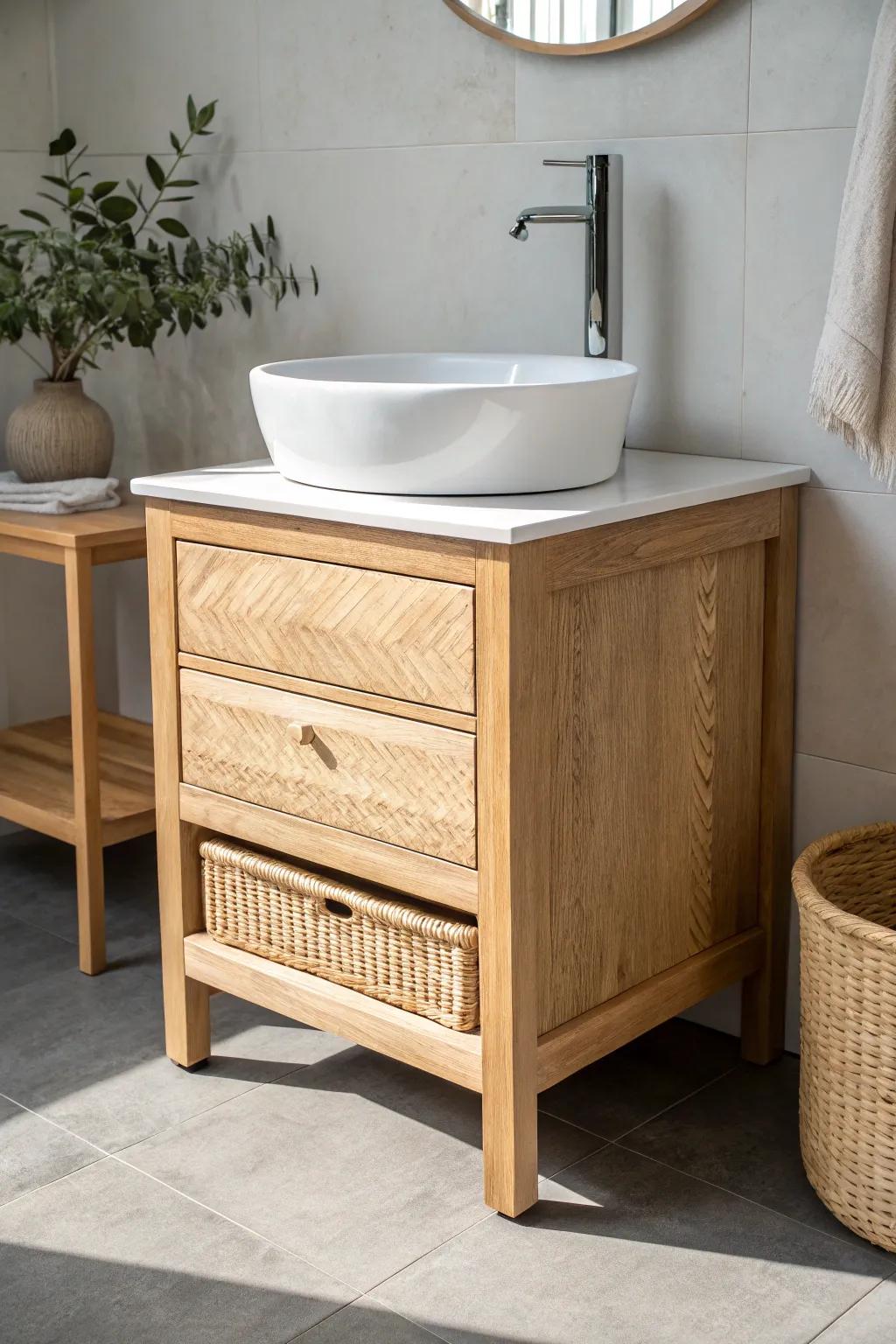 Light oak vanity + simple white sink: warm, airy, and perfect for a tiny minimalist bathroom.