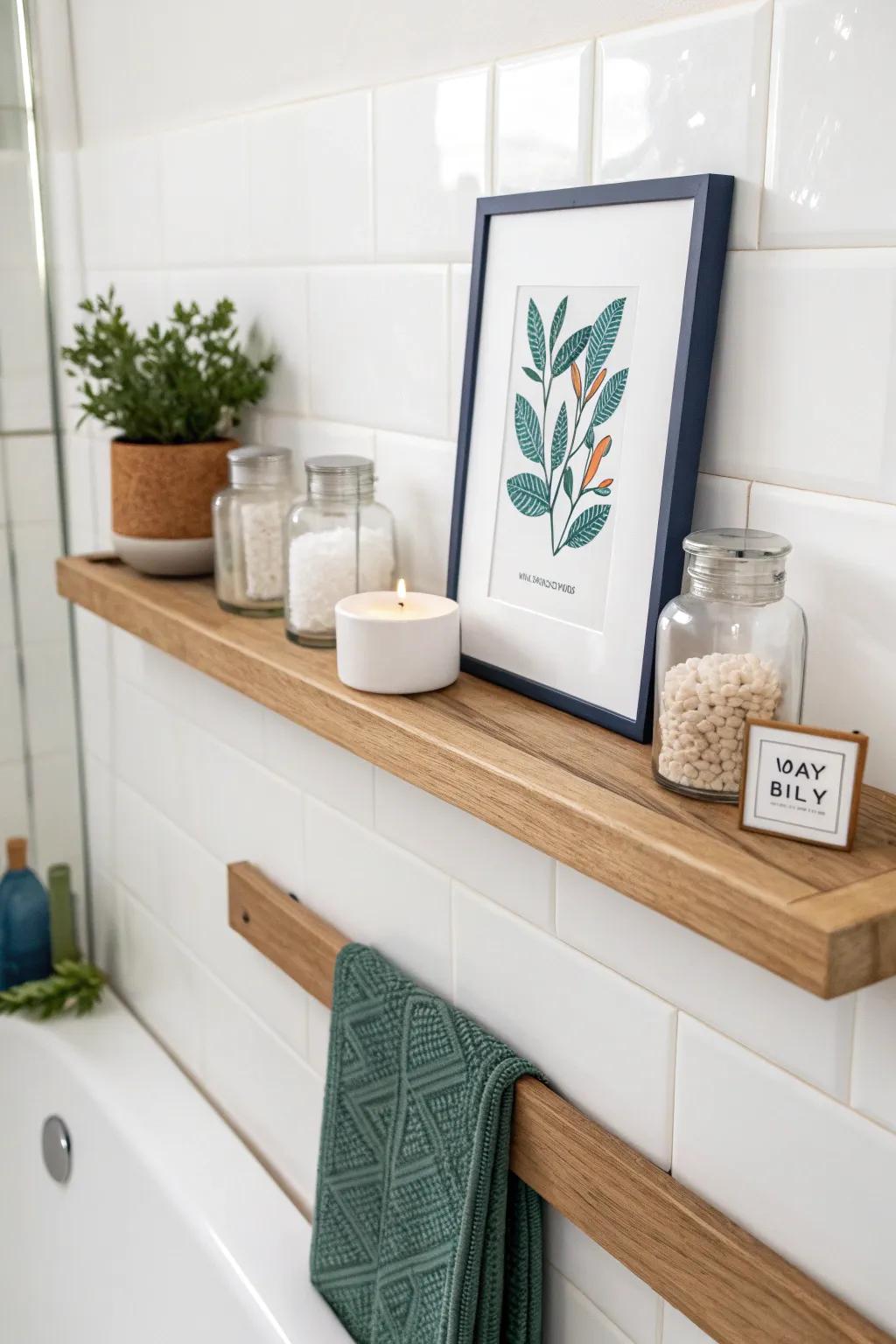A slim wooden picture ledge turns a tiny bathroom wall into styled storage in seconds.