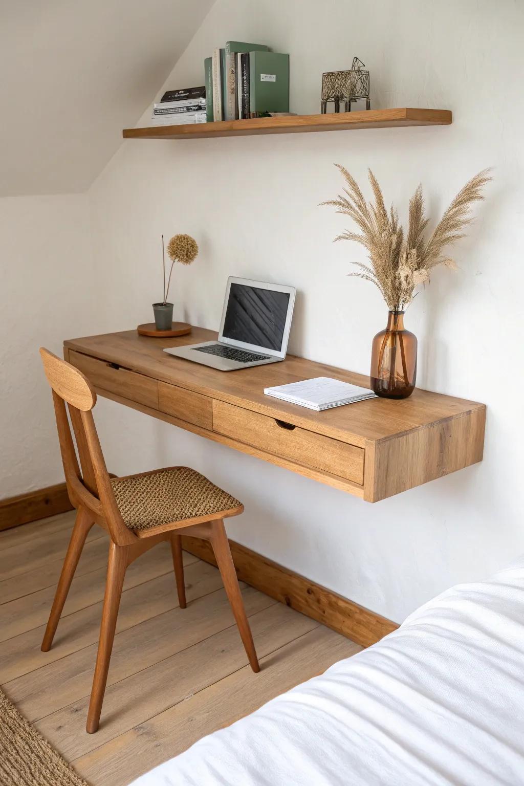 Floating oak desk keeps the floor open—minimal, crafted, and perfect for a small bedroom office.