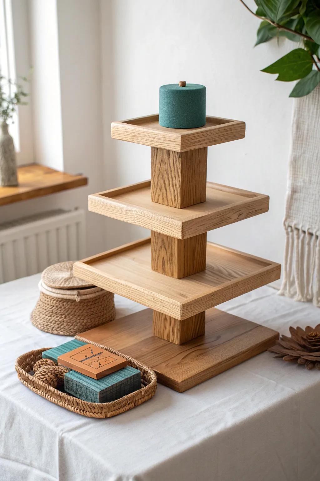 Add instant depth to a small booth with a handmade tiered wooden riser—clean, bold, and beautiful.