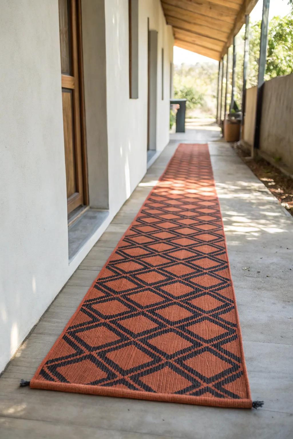 A durable indoor/outdoor runner instantly defines a breezeway path with bold, cozy contrast.