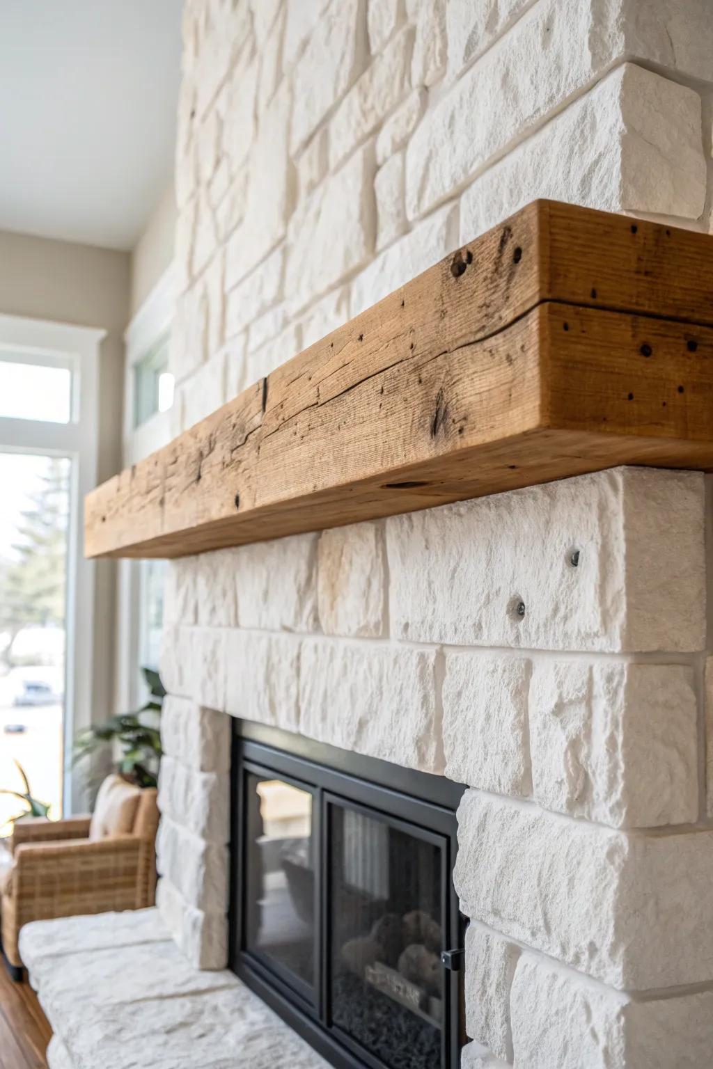 Bright limewashed stone + a chunky reclaimed mantel turns the hearth into a cabin showpiece.