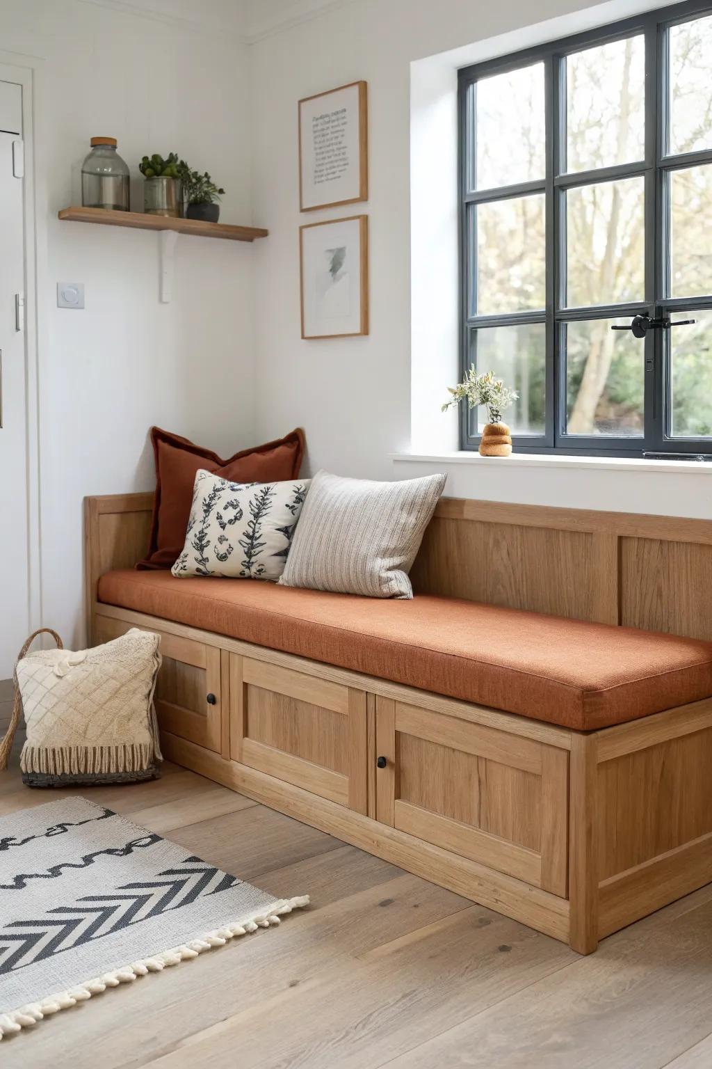 Corner banquette magic: a space-saving L-bench with hidden storage and warm, cozy style.