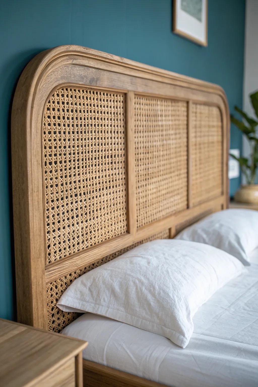 Rattan-cane headboard texture warms a small coastal bedroom—minimal, handmade, budget chic.