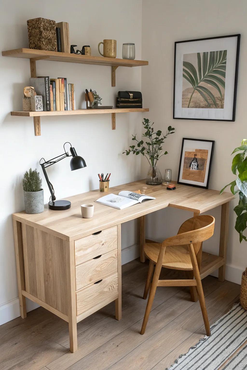 Corner desk + two floating shelves: one for everyday, one for pretty—airy storage made simple.
