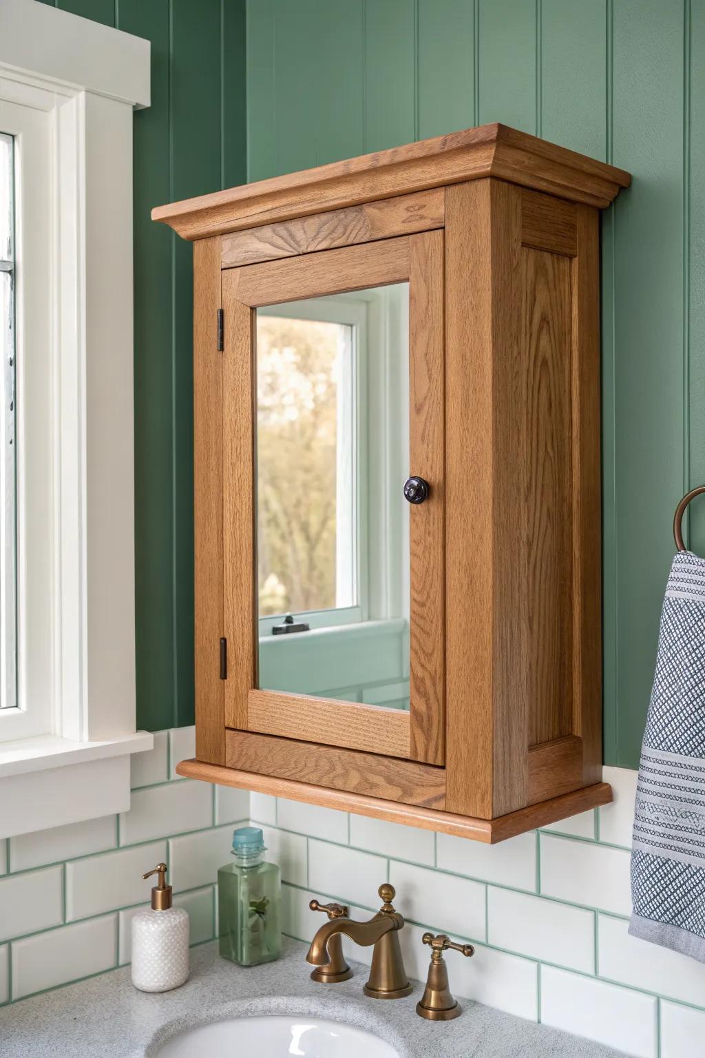 Recessed medicine cabinet framed with a chunky oak cornice—big storage, zero lost space.