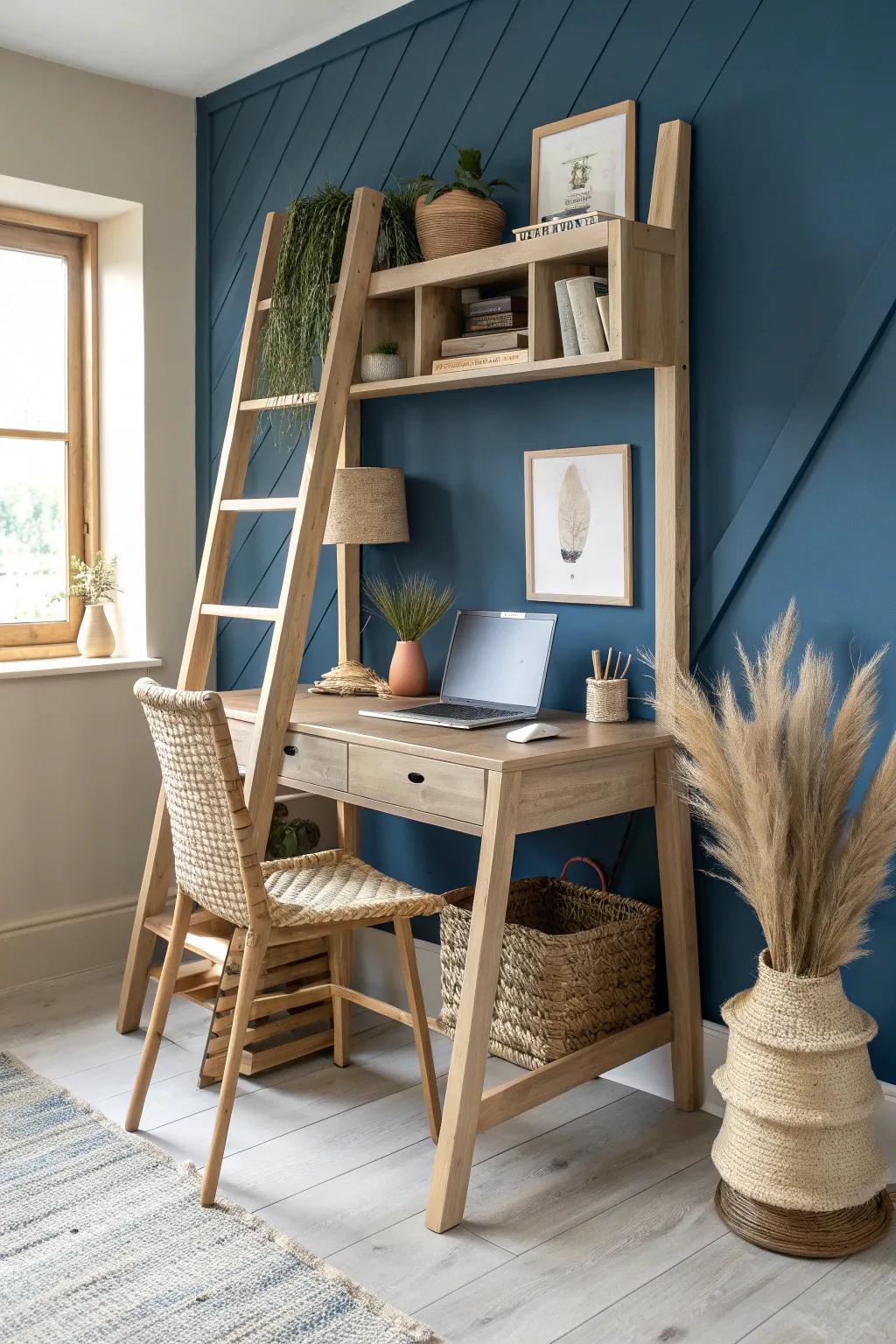 Ladder-style desk: vertical storage, minimal footprint, and warm wood tones for small spaces.