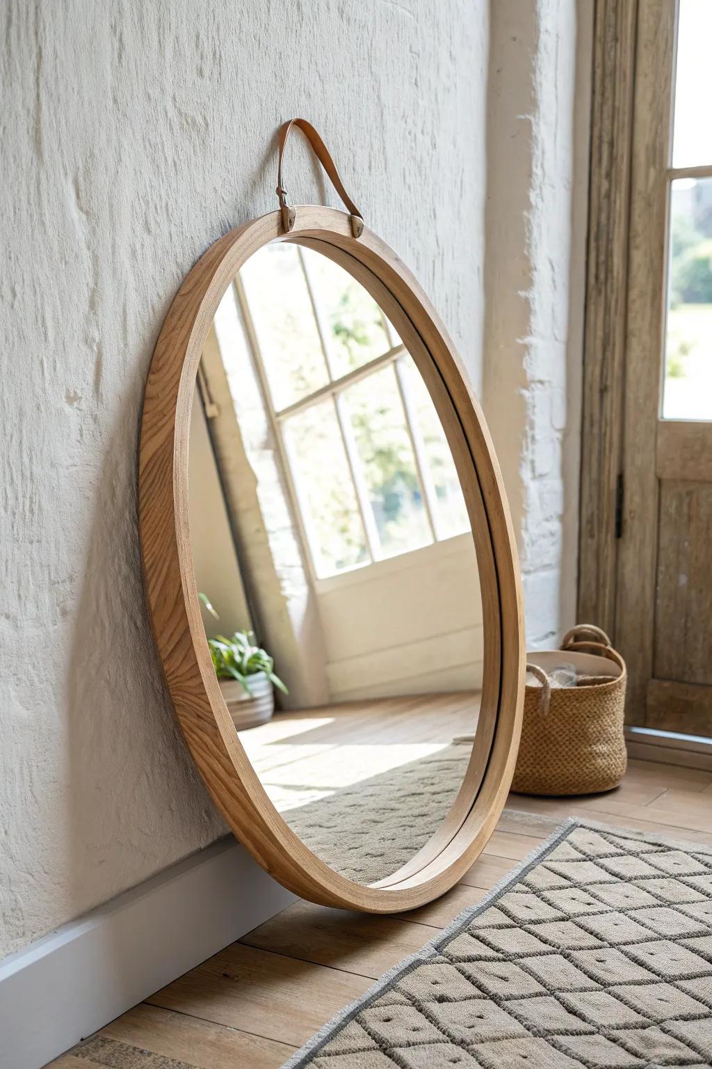 Round oak mirror that bounces light and makes a tiny entrance hall feel instantly bigger.