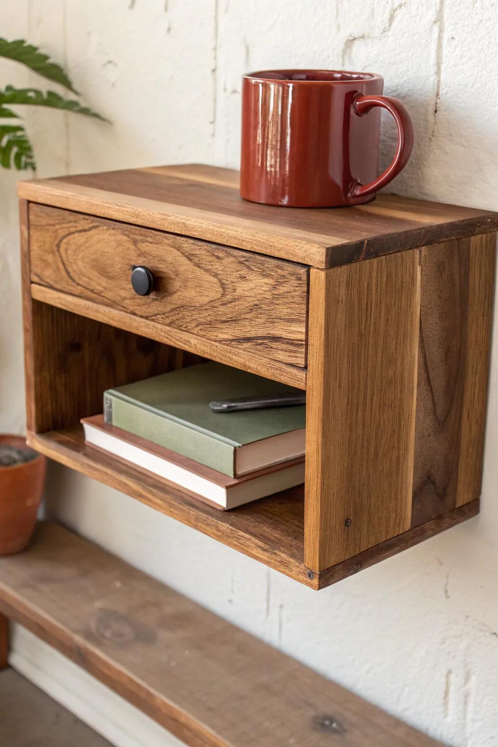Floating reclaimed-wood nightstand that frees floor space—farmhouse charm with minimalist boho warmth.